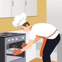 experiencia culinaria, deberes de limpieza y tareas del hogar. hombre en las actividades del hogar. los personajes masculinos cocinan pasteles ponen bollos crudos en el horno en la cocina, el panadero cocina el postre. ilustración vectorial lineal vector