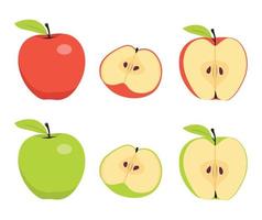 manzanas conjunto de frutos rojos, verdes, mordidos y mitad con hoja. ilustración vectorial aislado vector