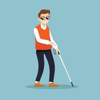 Blind man walking with stick flat illustration vector