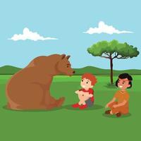 Boys playing with bear. Child playing with friend. smilling. telling story. forest.indian kid