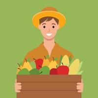 el agricultor sostiene una caja de verduras. cosecha de otoño. logotipo del mercado de agricultores. ilustración de dibujos animados plana aislada sobre fondo blanco. carácter vectorial dibujado a mano. hombre trabajador agrícola. vector