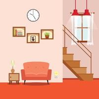 Interior of the living room. Vector banner. Design of a cozy room with sofa, TV stand, window and decor accessories.