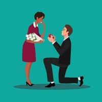 Young guy on knees proposing young beautiful girl for marriage. Man proposing to a woman standing on knee vector illustration