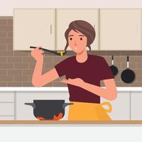 Beautiful woman cooking in her kitchen. Cute lady cartoon character. Vector illustration.