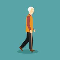 Old man walking with cane. Vector character on blue background.