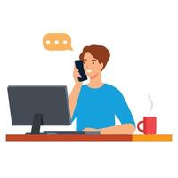 businessman sitting at workplace desk front view business man using computer while talking on landline phone working process concept creative office interior flat horizontal vector