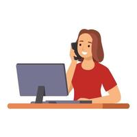 business woman sitting at workplace desk front view business man using computer while talking on landline phone working process concept creative office interior flat horizontal vector
