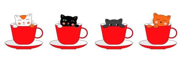 Set of cute cat characters in red coffee cups. Cartoon characters in doodle style. Vector illustration