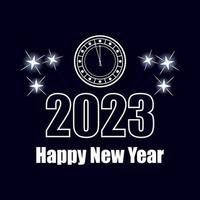 Happy New Year 2023. Inscription with fireworks and a clock on a dark blue background. Vector illustration