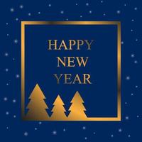 feliz año nuevo. diseño para tarjeta de felicitación, invitación, banner. marco dorado con árboles de navidad en la inscripción interior. copos de nieve alrededor del marco. ilustración vectorial vector