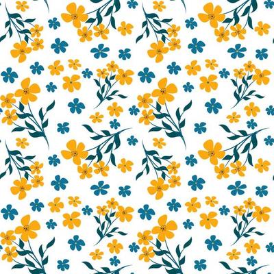 Trendy seamless vector floral pattern. Endless print of small yellow and blue flowers. Summer and spring motives. White background. Stock vector illustration