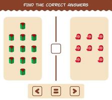 encuentra las respuestas correctas de dibujos animados de navidad. Juego de buscar y contar. juego educativo para niños y niños pequeños en edad preescolar vector