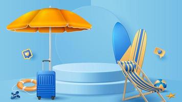 Summer display podium decoration background with beach ornament. Vector 3D Illustration