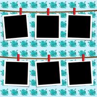 Black and white negative photographs with shadows. Photo frames on clothespins. Wall imitation. Vector design in retro style