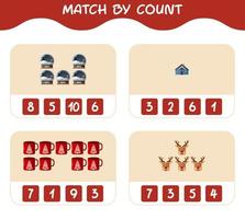 Match by count of cartoon christmas. . Match and count game. Educational game for pre shool years kids and toddlers vector