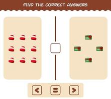 Find the correct answers of cartoon christmas. Searching and Counting game. Educational game for pre shool years kids and toddlers vector