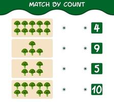 Match by count of cartoon broccoli. Match and count game. Educational game for pre shool years kids and toddlers vector