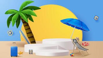 fondo de decoración de podio de exhibición de verano con adorno de playa. ilustración vectorial 3d vector