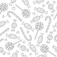 Seamless pattern with contour candies on white background. Lollipop, candy cane. Line art. Doodle style. vector