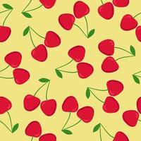 Cherry seamless pattern. Red cherries with green leaves on yellow background. Flat design. vector