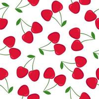 Cherry seamless pattern. Red cherries with green leaves on white background. Flat design. vector