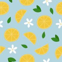 Lemon seamless pattern. Lemon slices, leaves and flowers on blue background vector