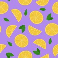 Lemon seamless pattern. Lemon slices and leaves on blue background vector