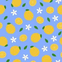 Lemon seamless pattern. Whole lemons, slices, leaves and flowers on blue background vector