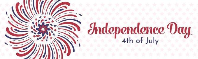 Banner for 4th of July, Independence Day.  Artistic hand drawn fireworks with american flag red and blue lines and stars. Long horizontal vector banner template design.