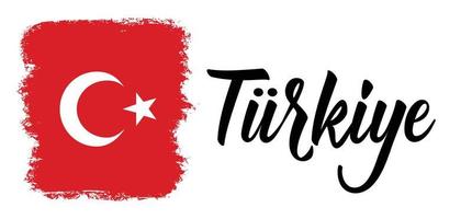 turkiye - turquía - pancarta con estrella blanca y símbolo de icono de media luna de la bandera turca sobre fondo rojo grunge. nuevo nombre, cambio de marca. diseño vectorial sencillo. hecho en turquía vector