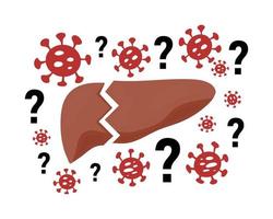 Mysterious Acute Hepatitis of Unknown Cause concept. Vector illustration of damaged liver with bacteria icons and question marks isolated on white background. Liver disease, viral hepatitis outbreak.