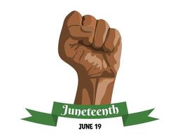 Raised hand of African American with clenched fist. Greeting card, banner for Juneteenth celebration in USA. June 19. Simple vector design