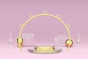 Podium with geometric shapes in pink composition ,Concept 3d illustration or 3d render photo