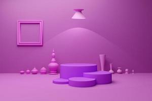 Podium with geometric shapes empty and pottery in purple or violet composition for modern stage display and minimalist mockup ,abstract showcase background ,Concept 3d illustration or 3d render photo