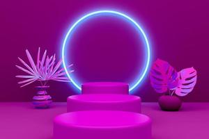 Podium with geometric shapes empty in purple or violet composition for modern stage display and minimalist mockup ,abstract showcase background ,Concept 3d illustration or 3d render photo