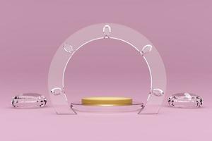 Podium with geometric shapes empty in pink composition for modern stage display and minimalist mockup ,abstract showcase background ,Concept 3d illustration or 3d render photo