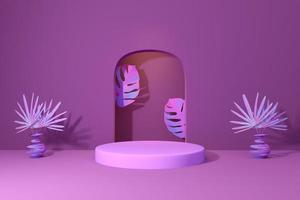 Podium with geometric shapes empty in purple or violet composition for modern stage display and minimalist mockup ,abstract showcase background ,Concept 3d illustration or 3d render photo