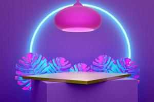 Podium with geometric shapes empty in purple or violet composition for modern stage display and minimalist mockup ,abstract showcase background ,Concept 3d illustration or 3d render photo