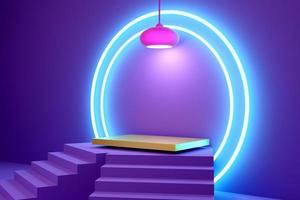 Podium with geometric shapes empty in purple or violet composition for modern stage display and minimalist mockup ,abstract showcase background ,Concept 3d illustration or 3d render photo