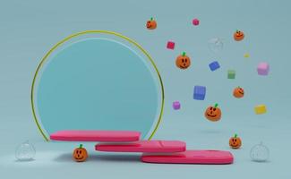 Podium empty with pumpkin and colorful geometric shapes in sky blue pastel composition for happy halloween ,modern stage display and minimalist mockup ,abstract showcase background ,3d render photo
