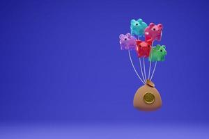 balloon piggy bank with money bag on blue background ,Concept 3d illustration or 3d render photo