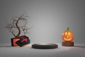 podium and candle light in pumpkin with transparent glass coffin for happy halloween ,Concept 3d illustration or 3d render photo