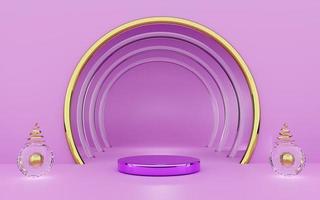 Podium with geometric shapes empty in purple or violet composition for modern stage display and minimalist mockup ,abstract showcase background ,Concept 3d illustration or 3d render photo