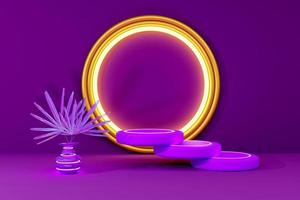 Podium with geometric shapes empty in purple or violet composition for modern stage display and minimalist mockup ,abstract showcase background ,Concept 3d illustration or 3d render photo