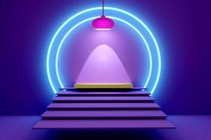 Podium with geometric shapes empty in purple or violet composition for modern stage display and minimalist mockup ,abstract showcase background ,Concept 3d illustration or 3d render photo