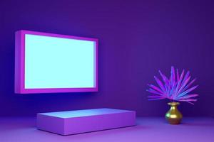 Podium with geometric shapes empty in purple or violet composition for modern stage display and minimalist mockup ,abstract showcase background ,Concept 3d illustration or 3d render photo