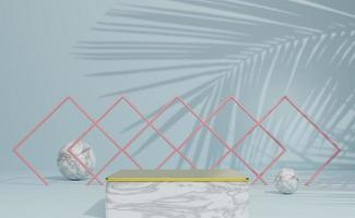 Podium empty with geometric shapes  in sky blue pastel composition for modern stage display and minimalist mockup ,abstract showcase background ,Concept 3d illustration or 3d render photo