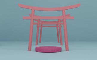 podio vacío con puerta torii japonesa en composición pastel azul cielo para exhibición de escenario moderno y maqueta minimalista, fondo de escaparate abstracto, ilustración conceptual 3d o renderizado 3d foto
