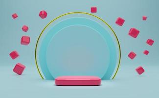 Podium empty with colorful geometric shapes  in sky blue pastel composition for modern stage display and minimalist mockup ,abstract showcase background ,Concept 3d illustration or 3d render photo