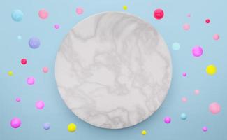 Podium empty with geometric shapes and colorful balls in sky blue pastel composition for modern stage display and minimalist mockup ,abstract showcase background ,Concept 3d illustration or 3d render photo